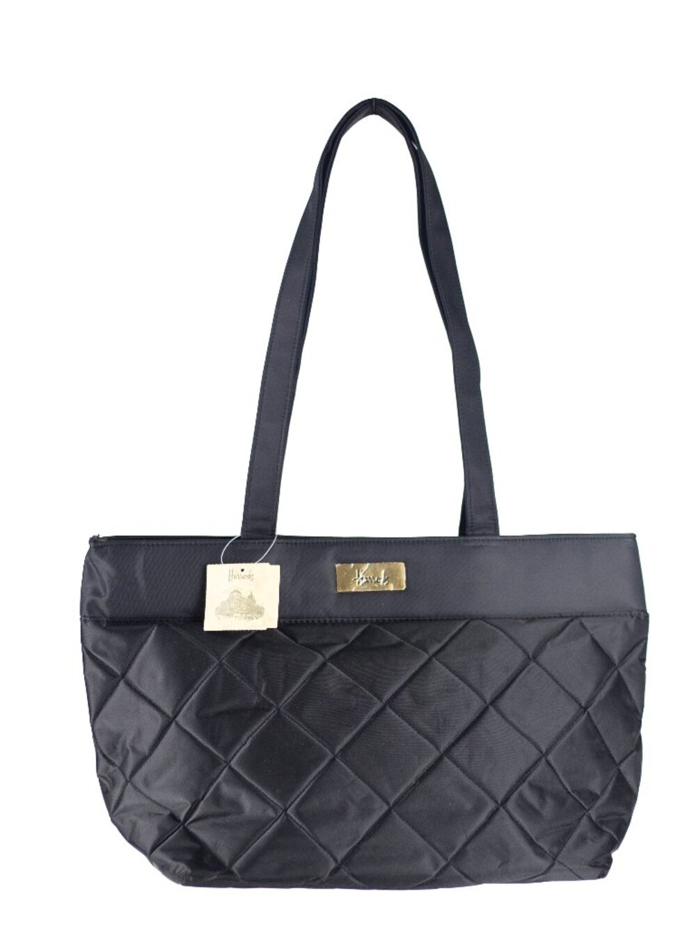 Harrods Black Quilted Tote Bag with Gold Hardware